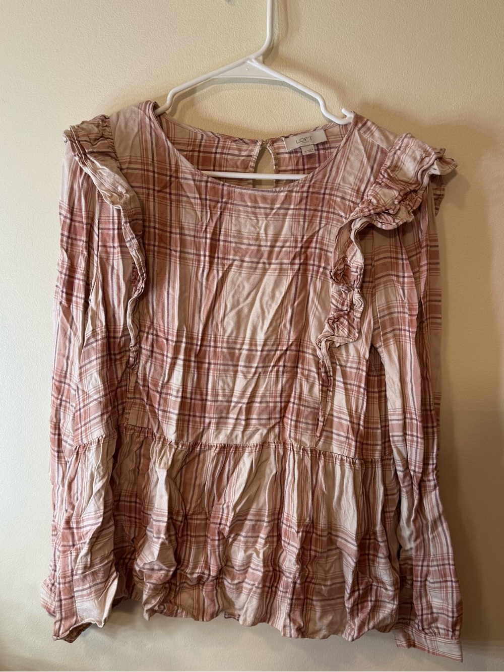 LOFT Pink Plaid Ruffle Peasant Blouse